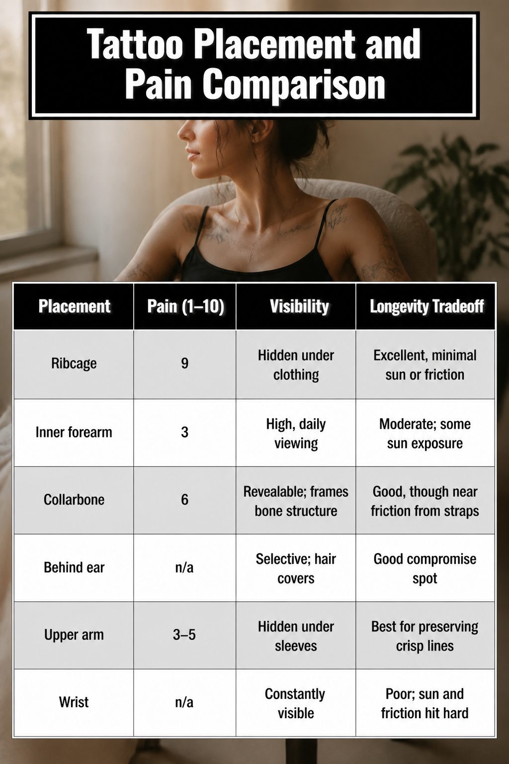 Fine Line Tattoos for Women: 8 Ideas for Minimal, Lasting Ink 10 Infographic comparing tattoo placement, pain levels, and visibility.