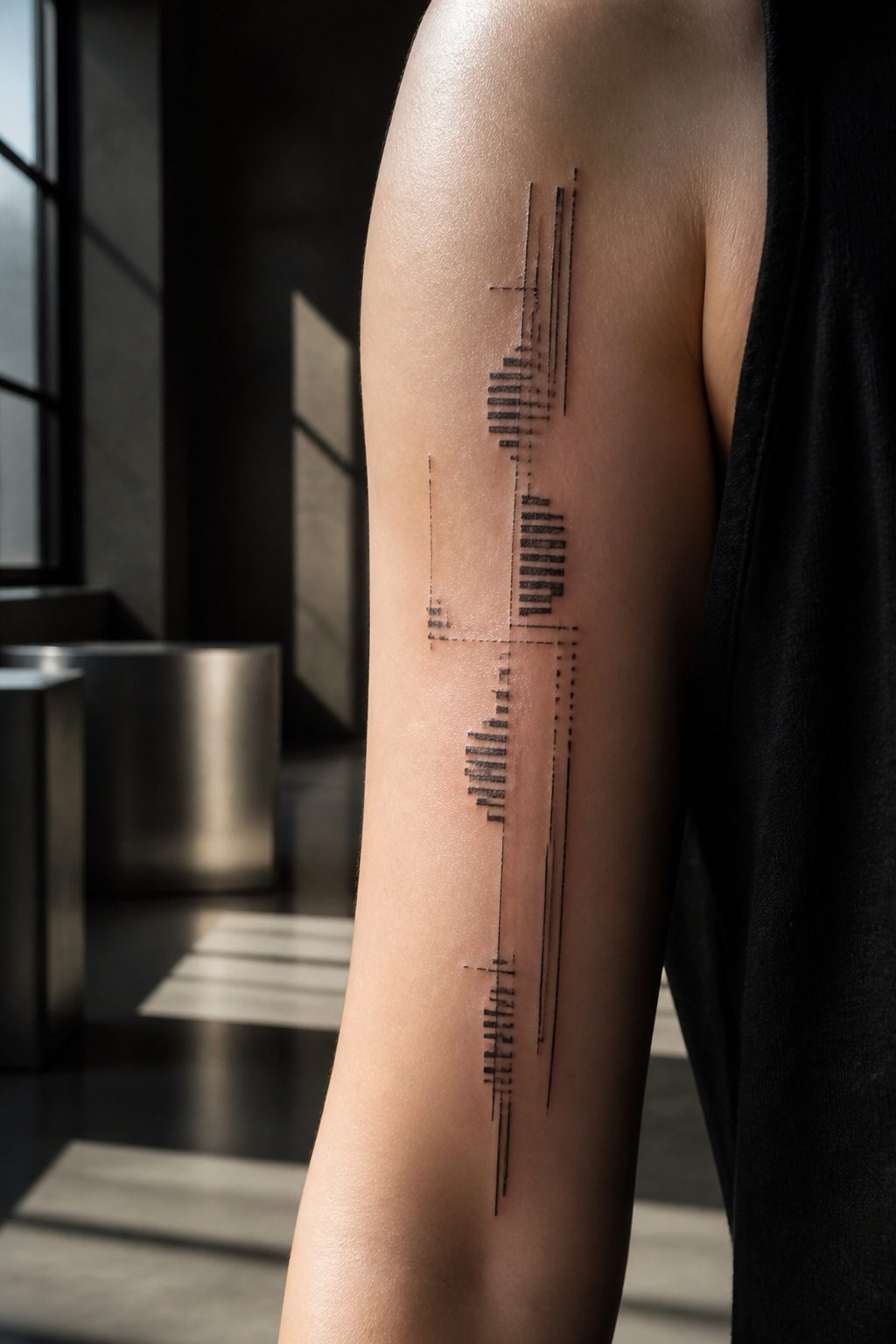 10 Fine Line Tattoo Ideas and Styles for 2026 3 An abstract tattoo with glitch-like lines and patterns.
