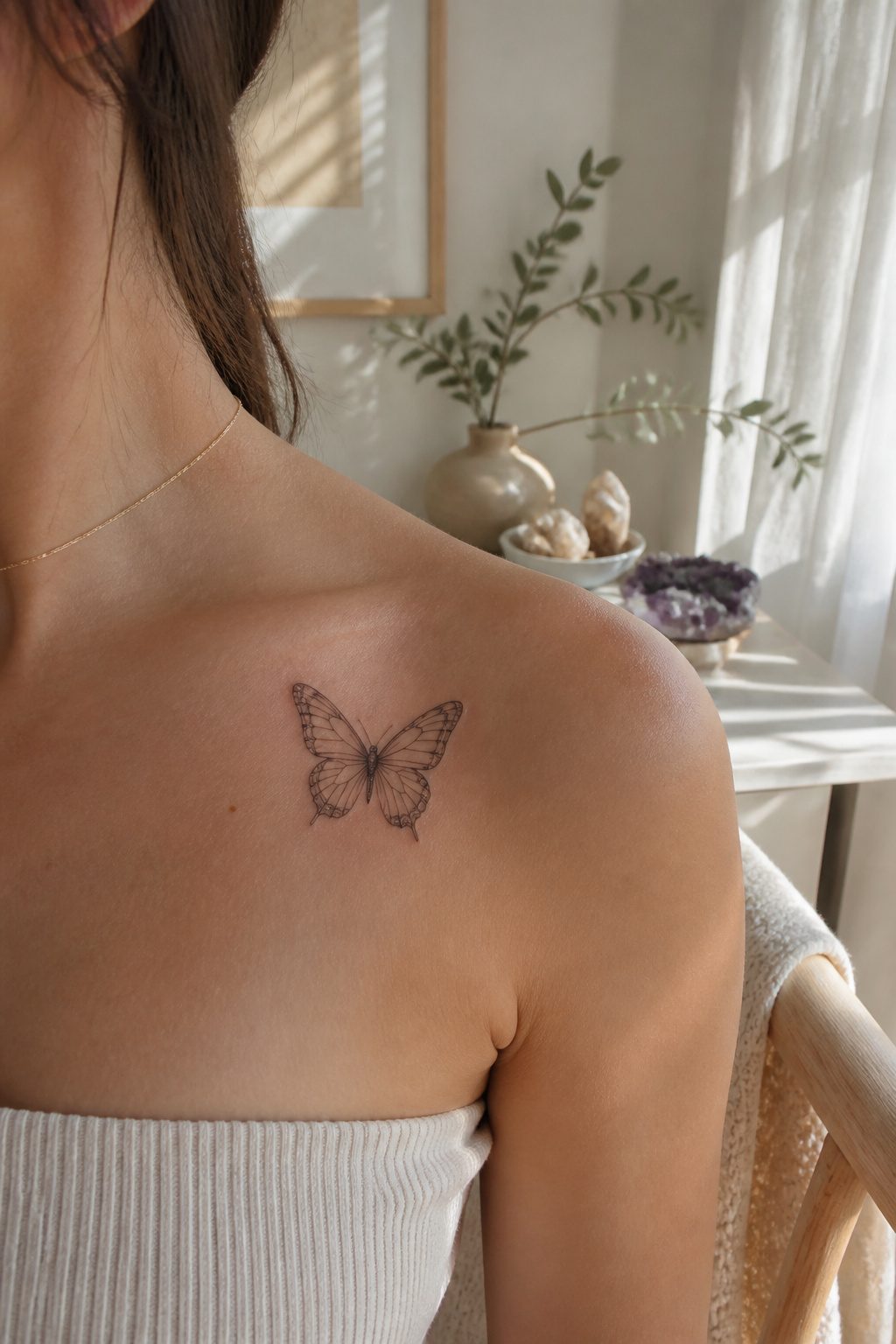 10 Fine Line Tattoo Ideas and Styles for 2026 5 A fine line tattoo of a butterfly on a collarbone.
