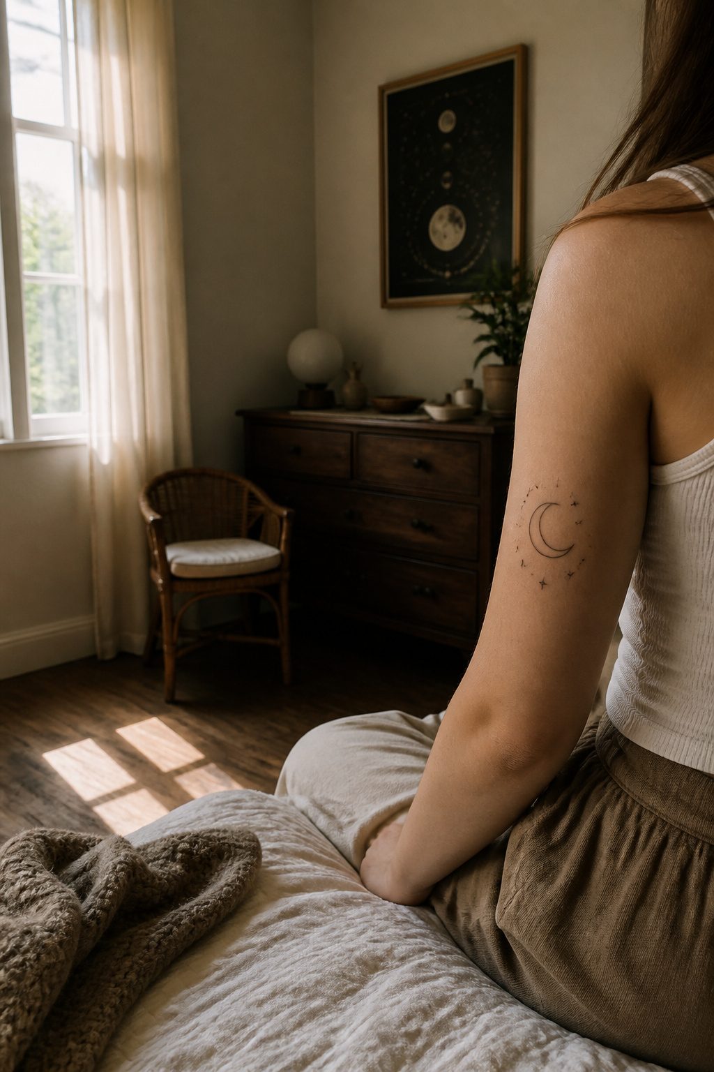 10 Fine Line Tattoo Ideas and Styles for 2026 9 A fine line tattoo of a crescent moon and stars.