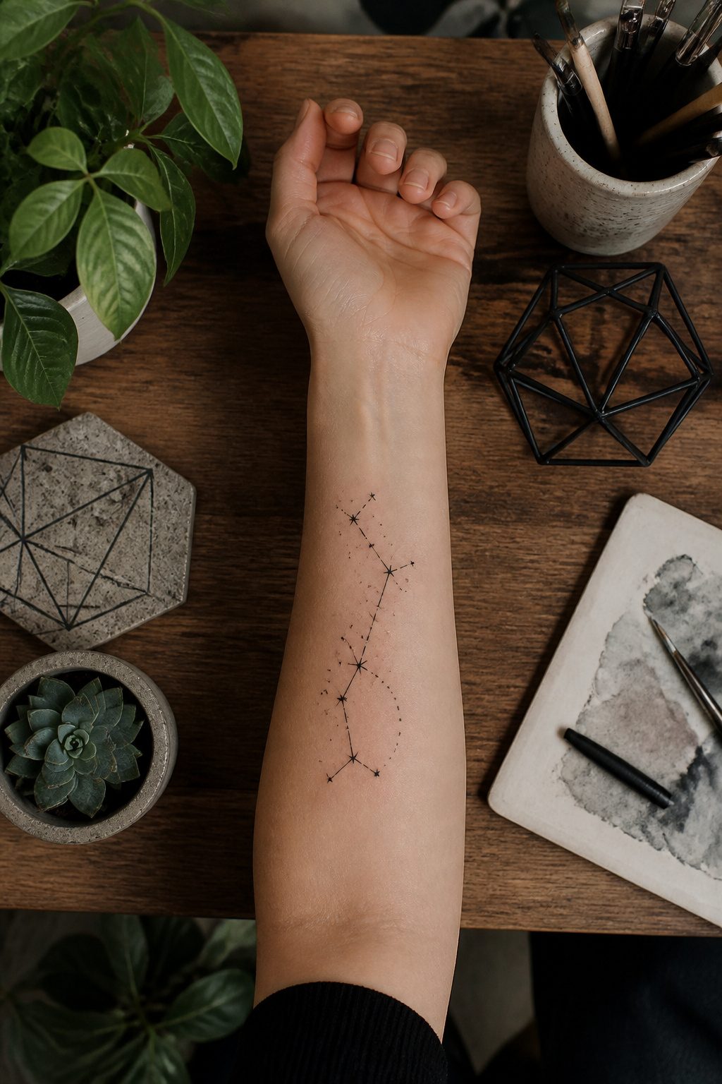 10 Fine Line Tattoo Ideas and Styles for 2026 6 A tattoo of a constellation rendered in fine lines.
