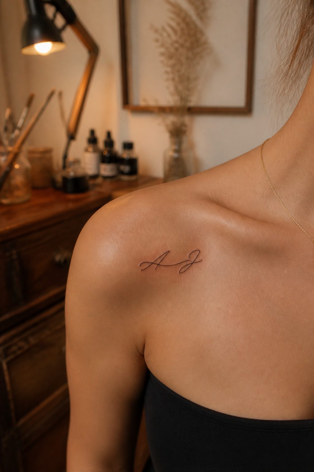 10 Fine Line Tattoo Ideas and Styles for 2026 4 A fine line cursive tattoo of initials on a shoulder.