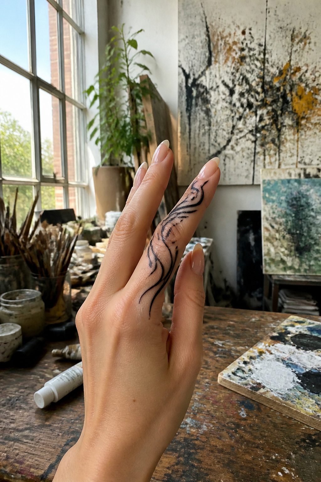 Abstract tattoo design in black and gray on two fingers.