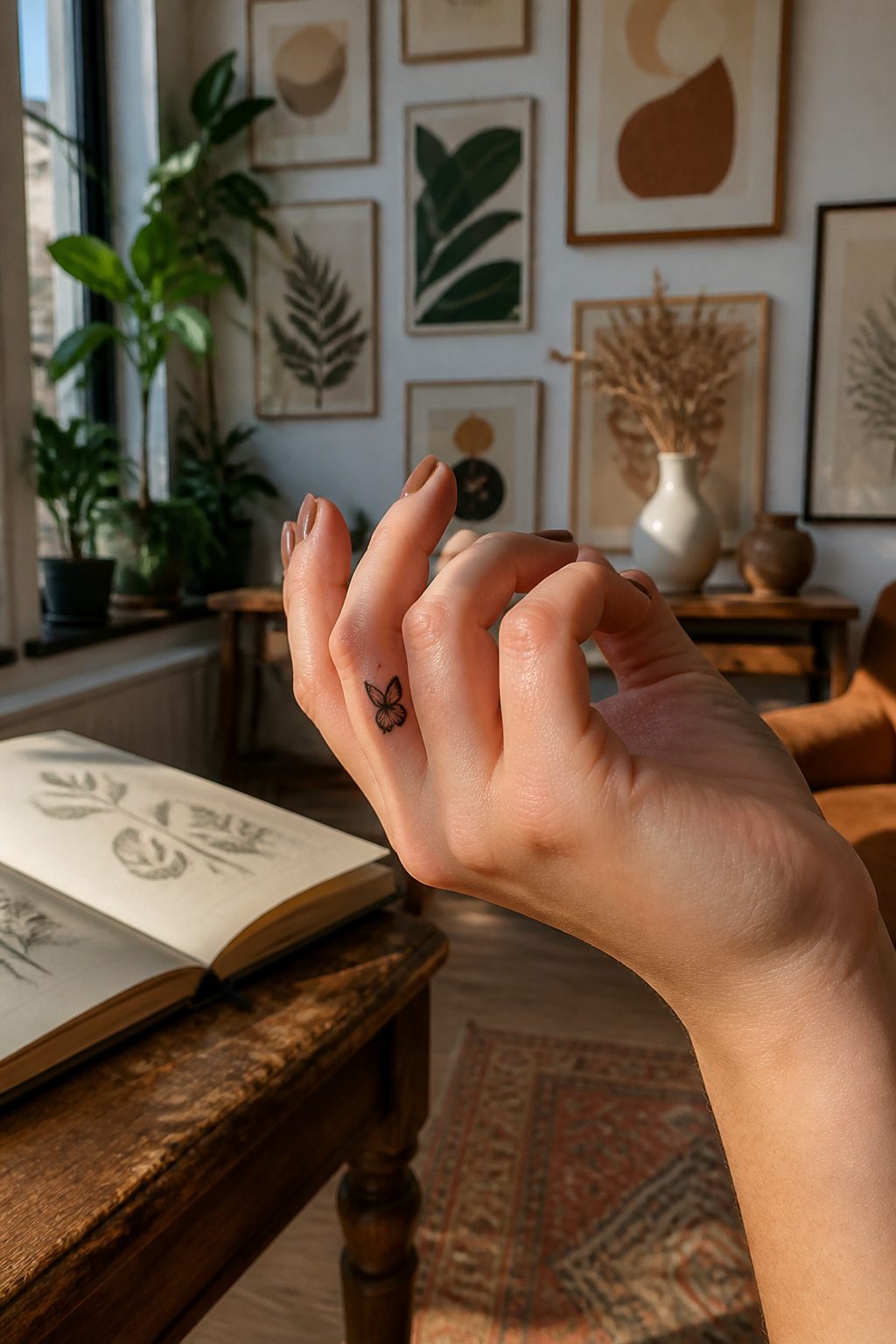 Silhouette of a butterfly tattoo on a pinky finger.