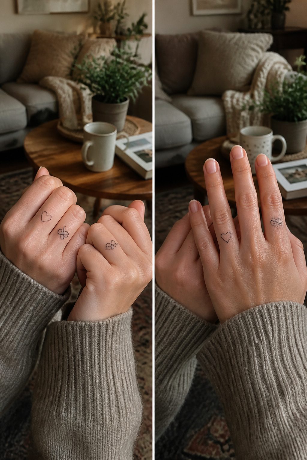 Couple's tattoos on the ring fingers of two individuals.