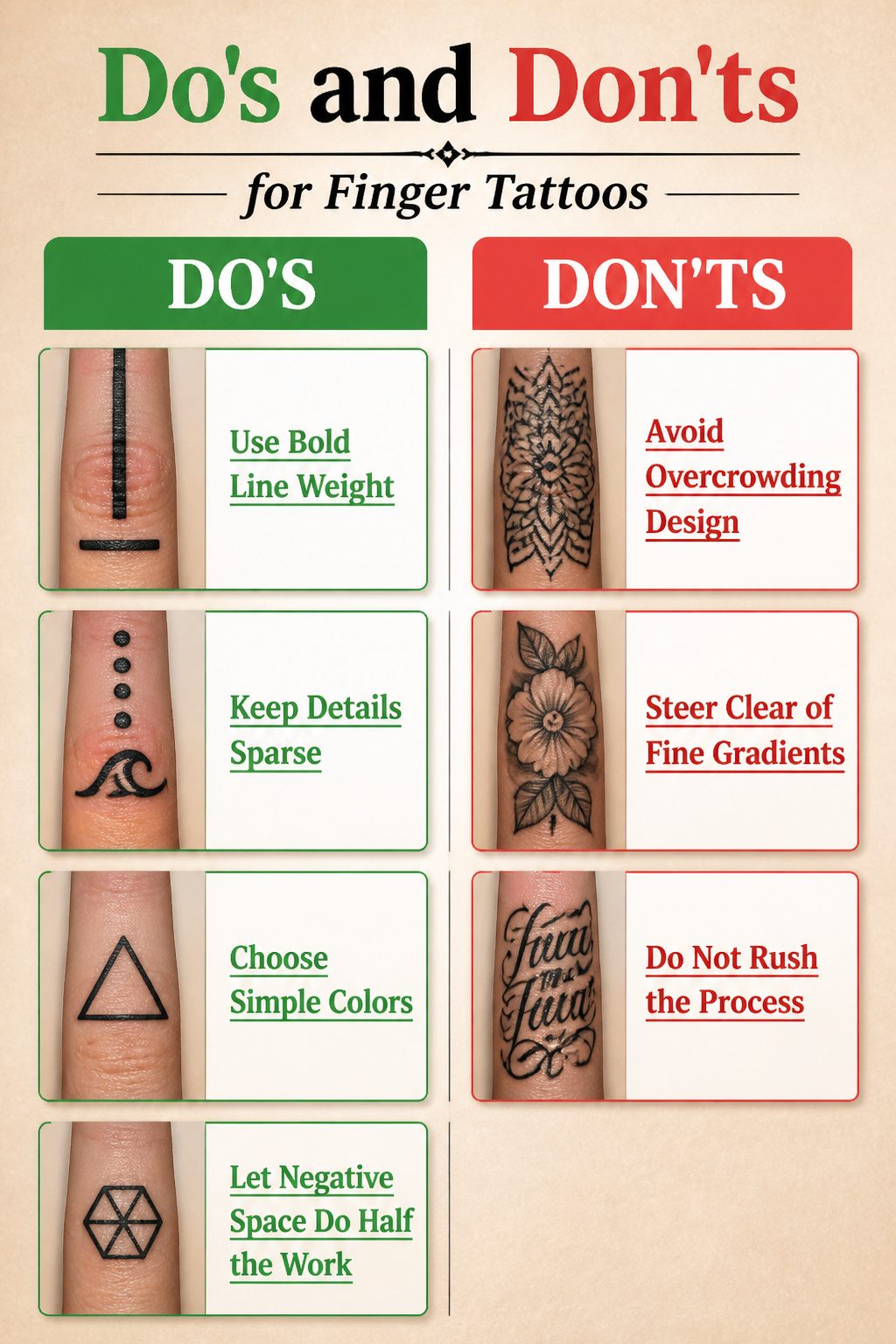 Infographic outlining rules for maintaining finger tattoos.