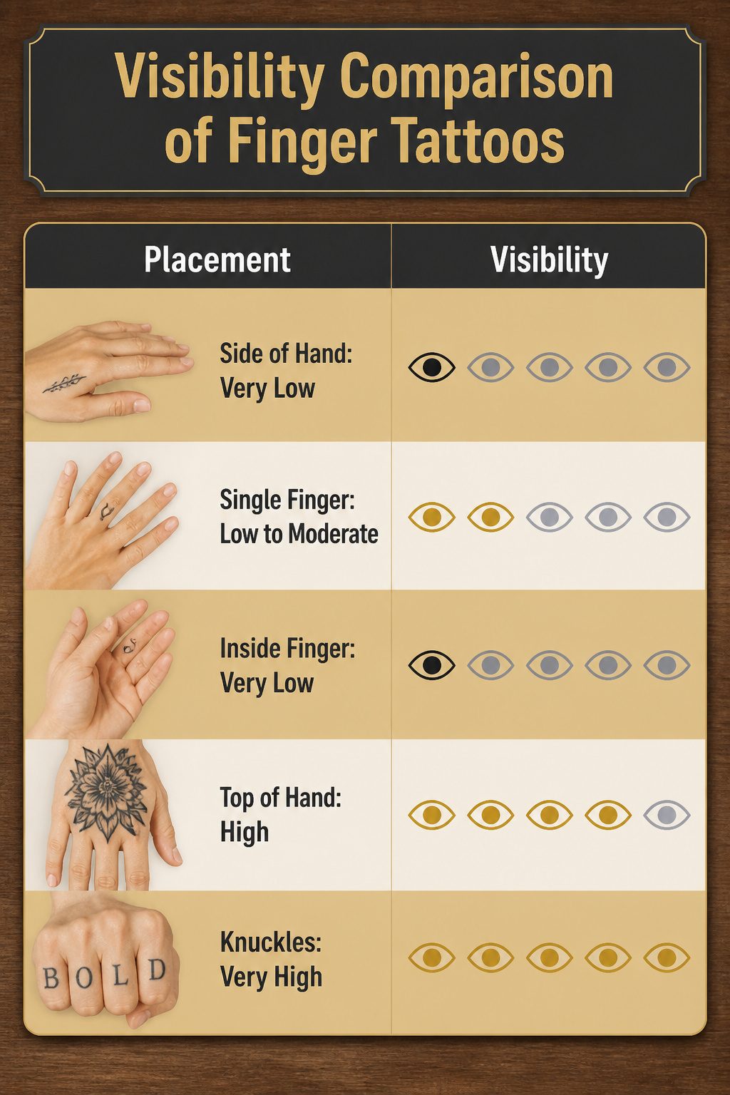 Infographic comparing visibility of different finger tattoo placements.