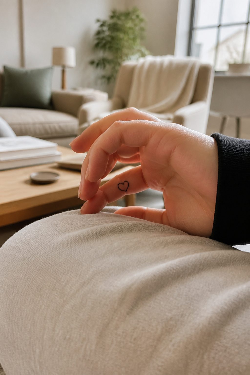 Heart tattoo on the inner face of a finger.
