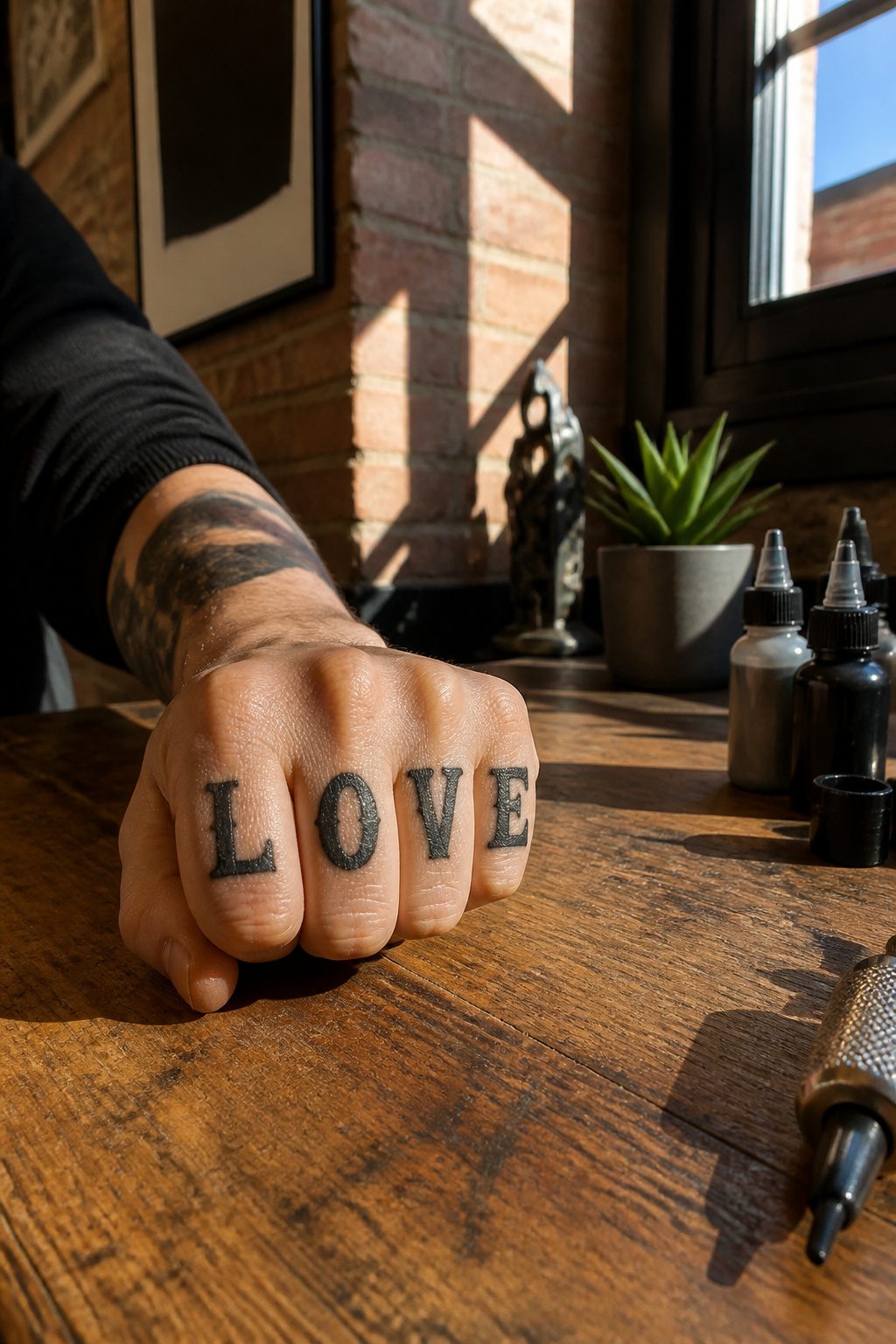 Knuckle tattoo reading 'LOVE' on a closed fist.