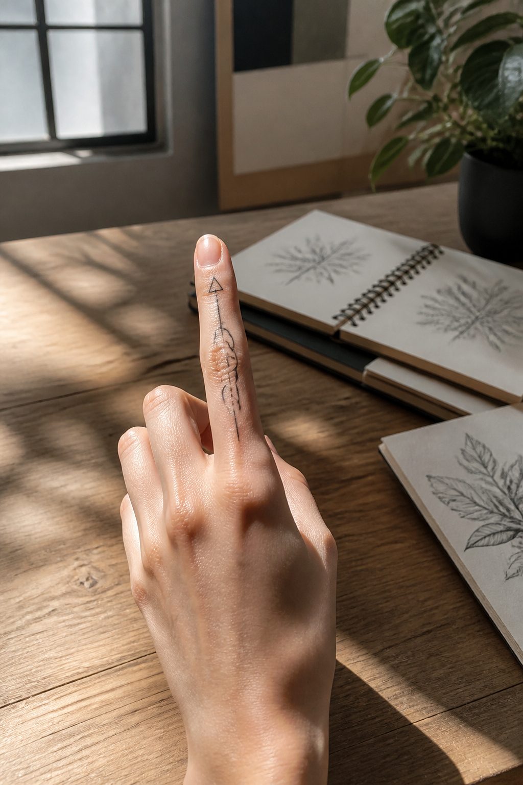Minimalist tattoo of geometric shapes on an index finger.