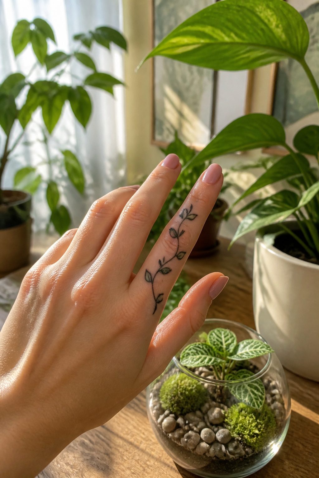 Botanical tattoo of a vine on a ring finger.