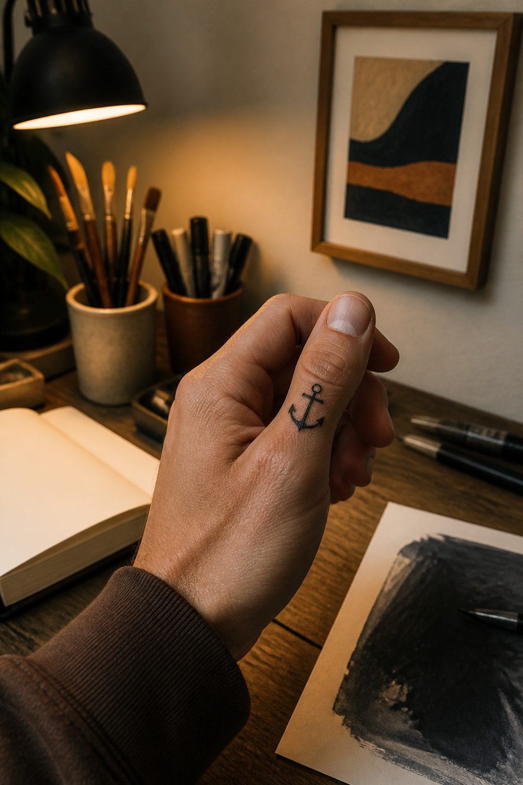 Bold anchor tattoo located just below the knuckle of a thumb.