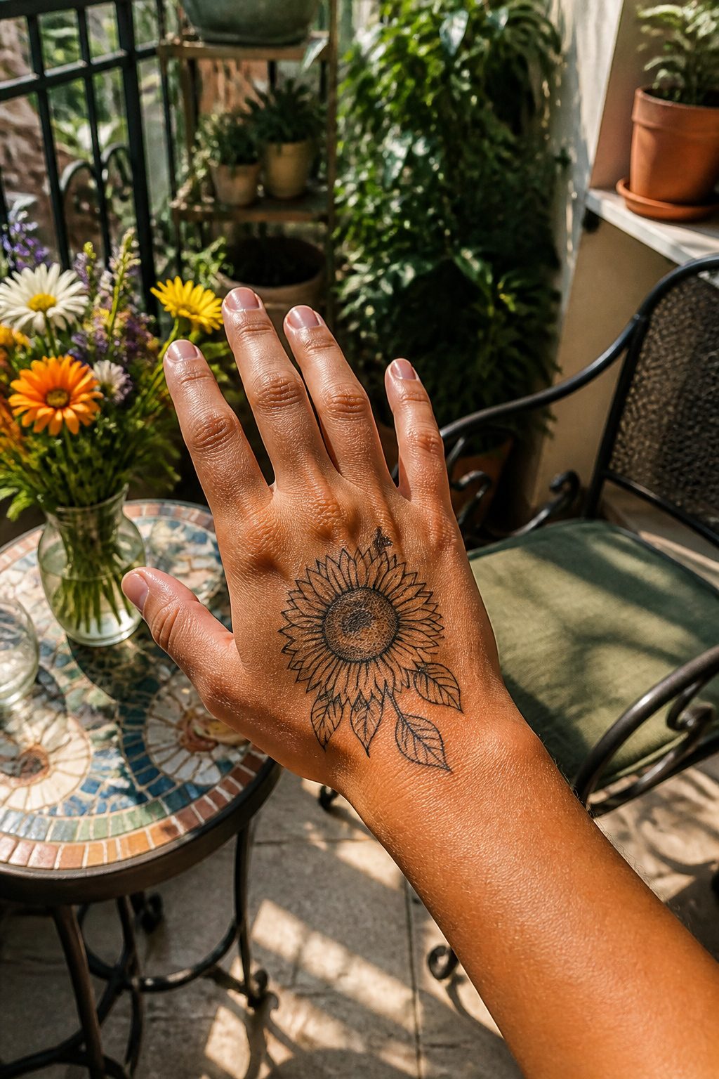 Sunflower tattoo located on the top of a hand.