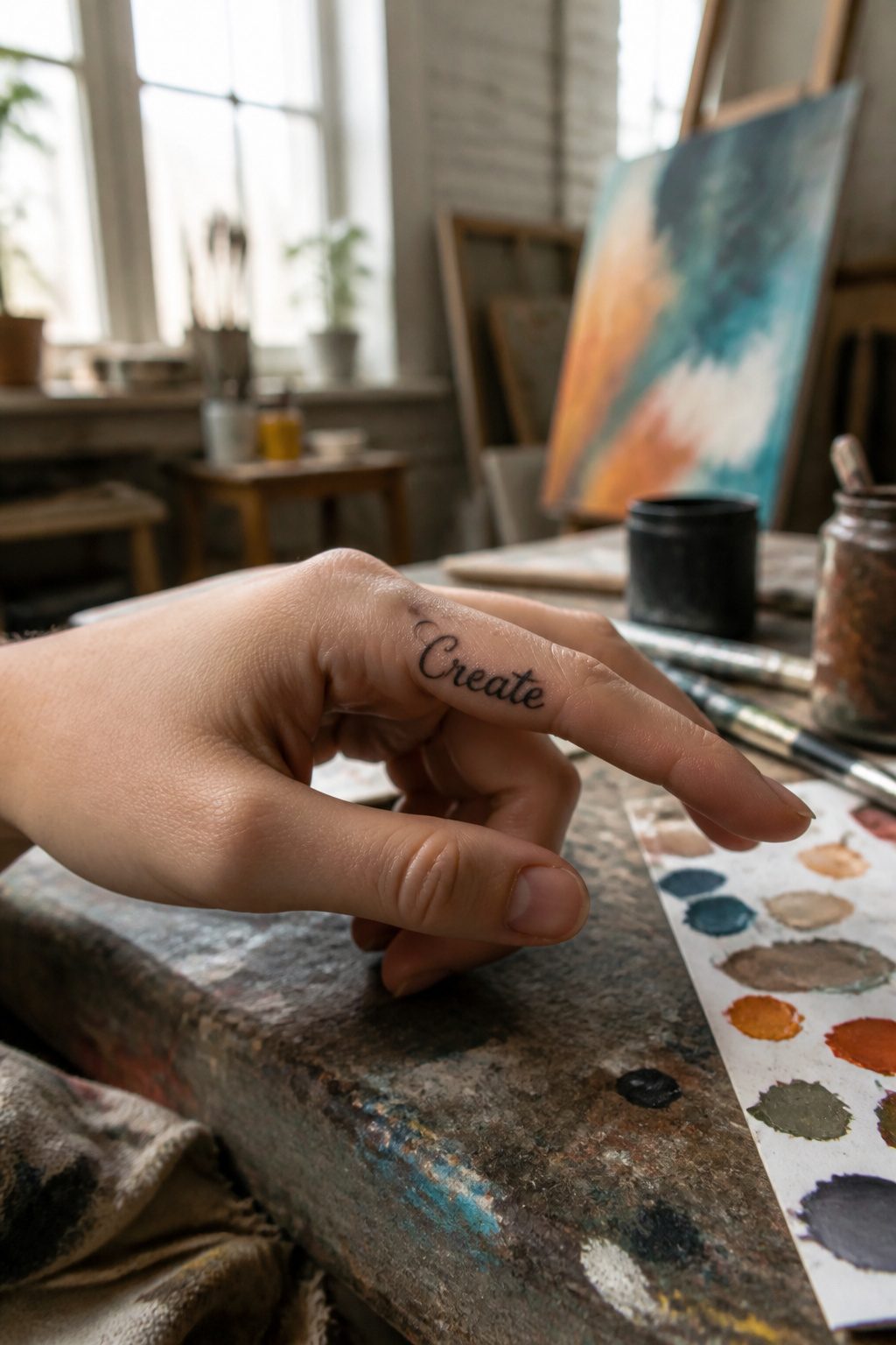 Single word tattoo in script on the knuckle of an index finger.