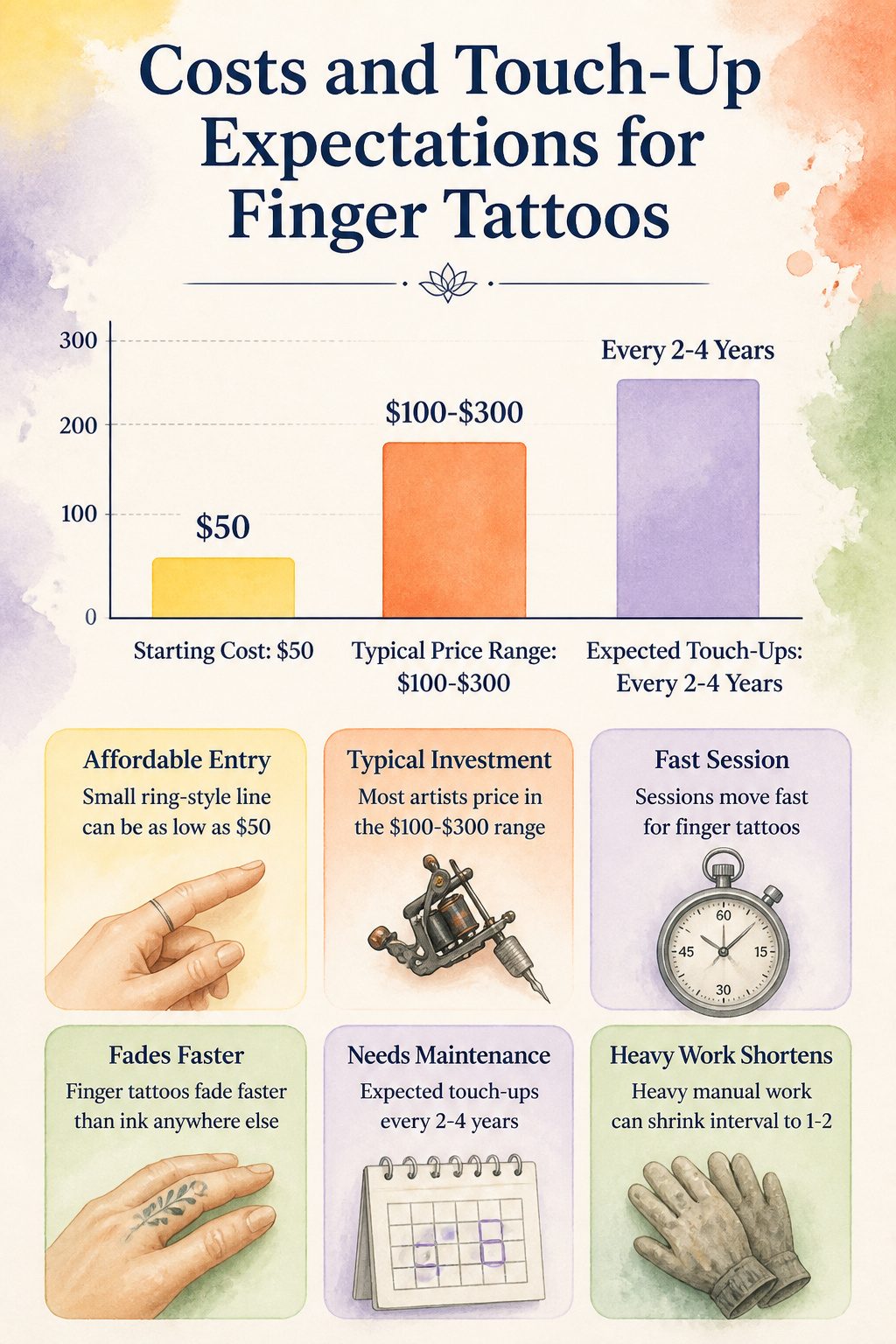 30 Finger Tattoo Ideas for Women: 2026 Guide to Tiny, Meaningful Ink 34 Infographic outlining costs and touch-up expectations for finger tattoos.
