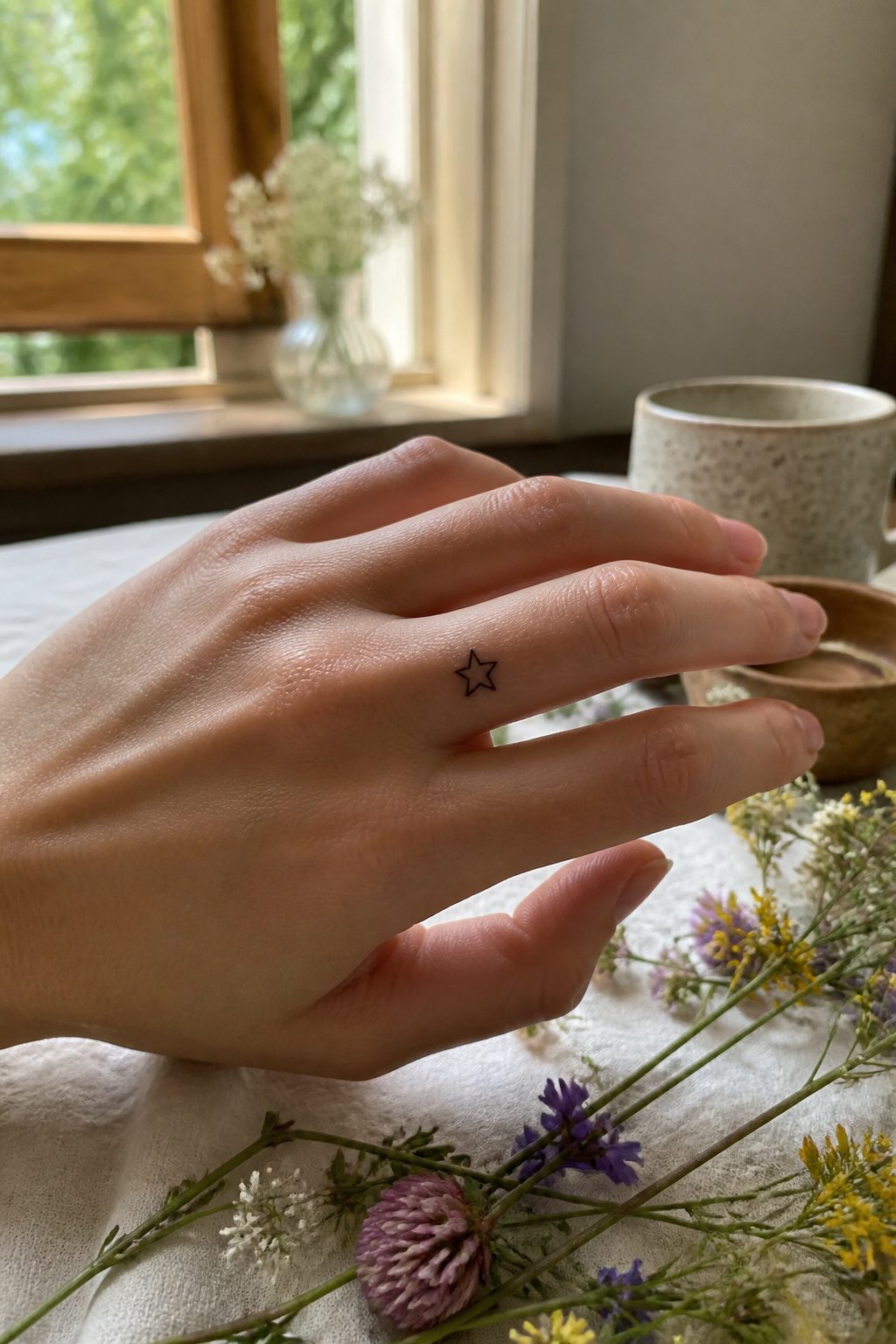 30 Finger Tattoo Ideas for Women: 2026 Guide to Tiny, Meaningful Ink 3 Dainty star tattoo outlined in black on a middle finger.