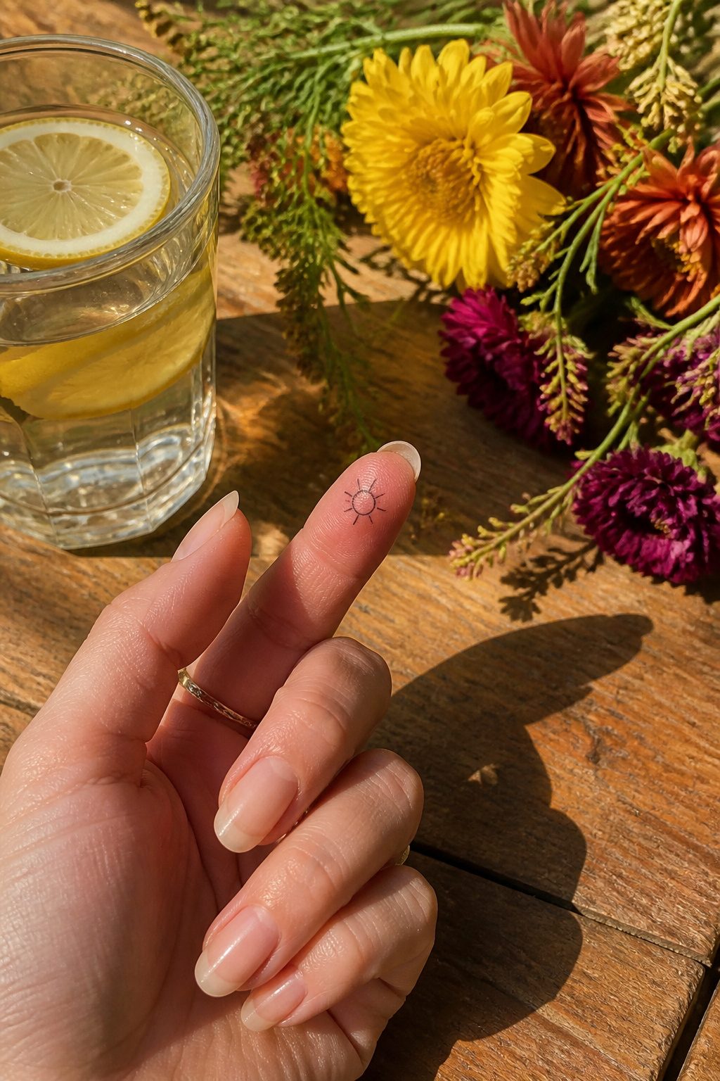 30 Finger Tattoo Ideas for Women: 2026 Guide to Tiny, Meaningful Ink 19 Sun symbol tattoo on the pad of a finger.