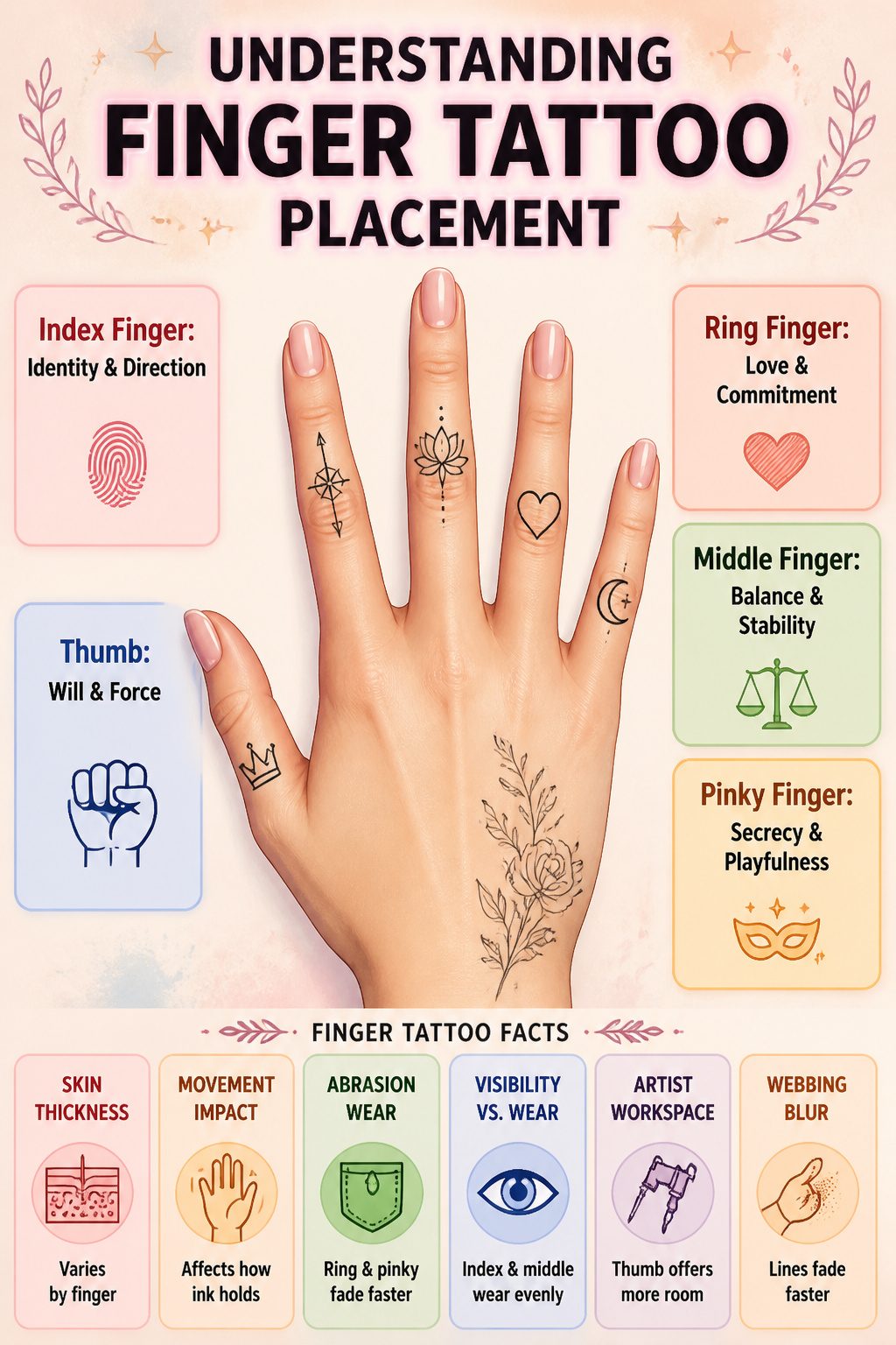 30 Finger Tattoo Ideas for Women: 2026 Guide to Tiny, Meaningful Ink 31 Infographic showing finger tattoo placement meanings.