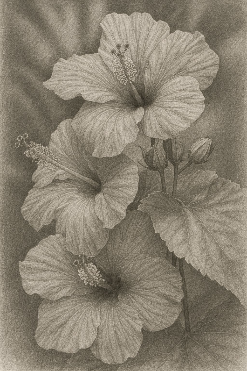 17 Flower Tattoo Ideas That Work in Every Style 7 Detailed sepia pencil drawing of three blooming hibiscus flowers with large petals and leaves.