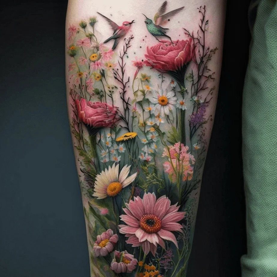 17 Flower Tattoo Ideas That Work in Every Style 14 A colorful realistic floral tattoo on a leg featuring pink ranunculus, daisies, and two small hummingbirds.