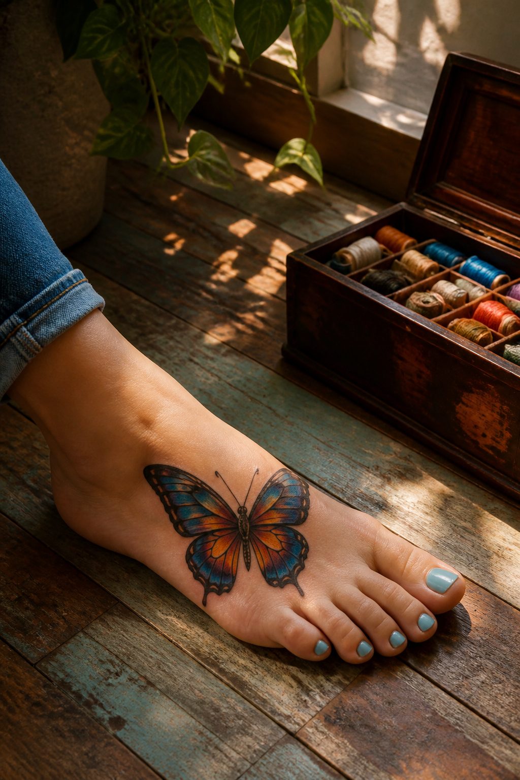 10 Foot Tattoo Ideas for Women: Styles, Placement & Aftercare for 2026 2 Colorful butterfly tattoo on a high-arched foot.
