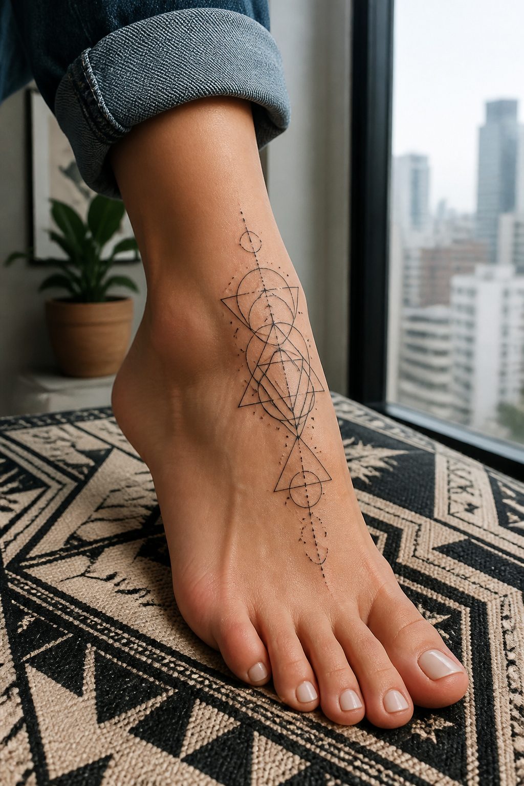 10 Foot Tattoo Ideas for Women: Styles, Placement & Aftercare for 2026 5 Series of geometric tattoos on a woman's foot.