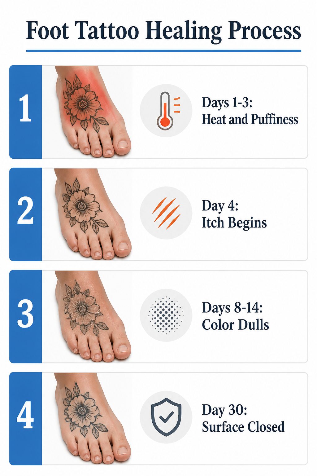 10 Foot Tattoo Ideas for Women: Styles, Placement & Aftercare for 2026 12 Foot tattoo healing process infographic.