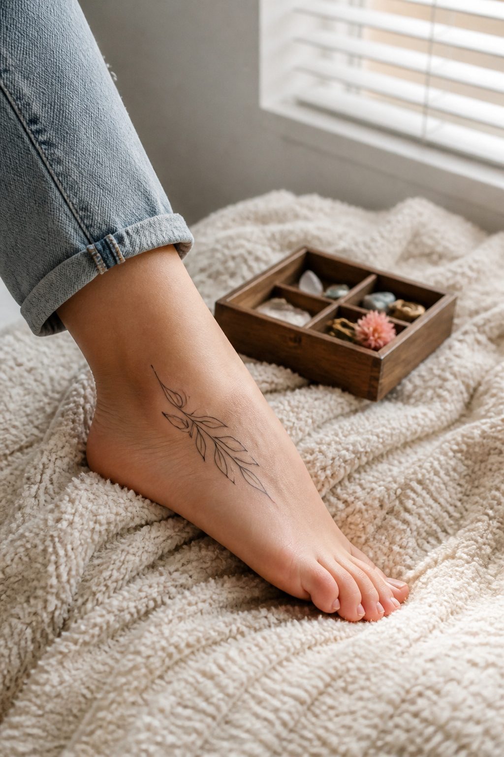 10 Foot Tattoo Ideas for Women: Styles, Placement & Aftercare for 2026 9 Single line leaf tattoo on a woman's foot.