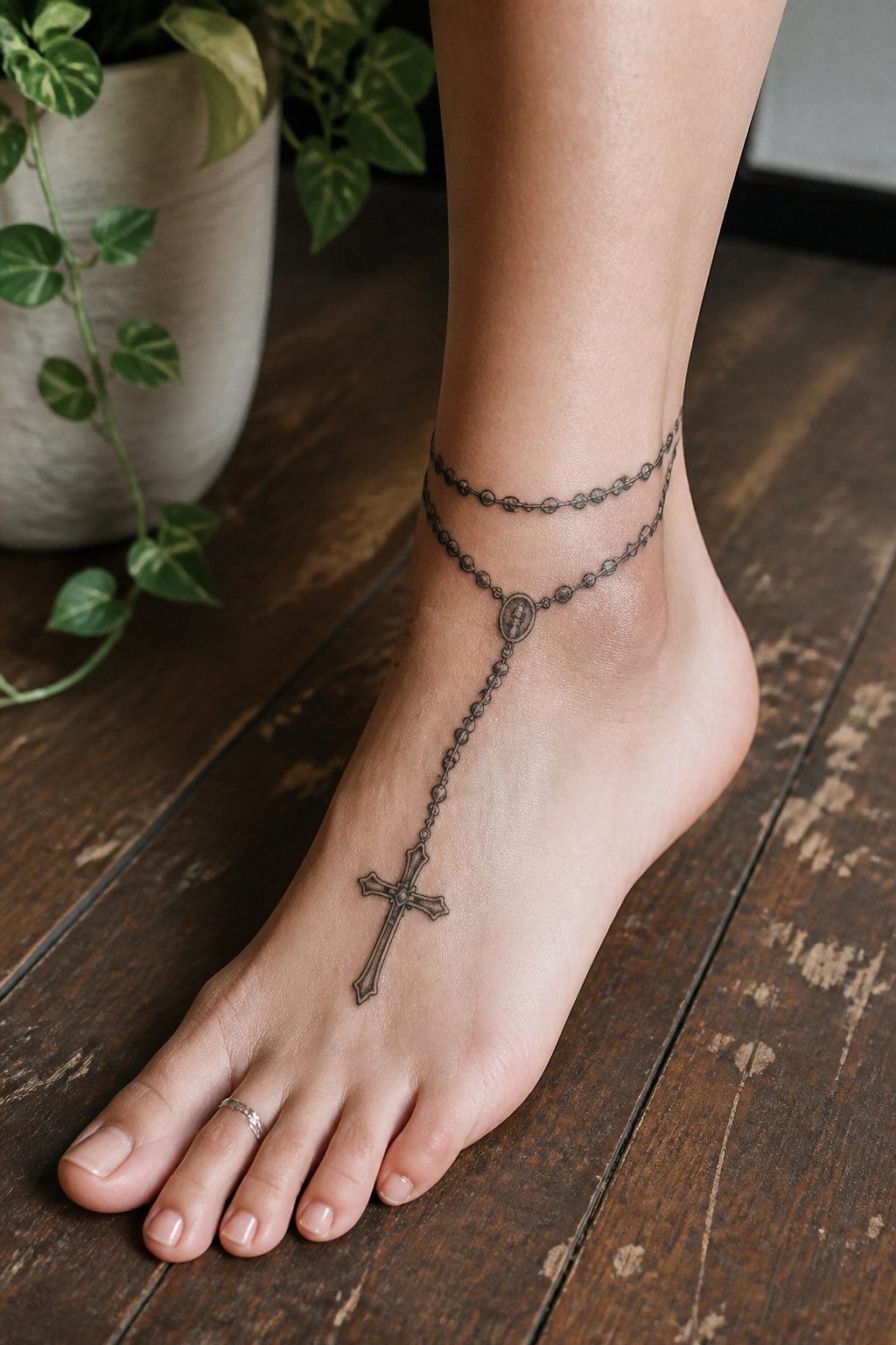 10 Foot Tattoo Ideas for Women: Styles, Placement & Aftercare for 2026 7 Rosary tattoo with beads and a cross on a woman's foot.