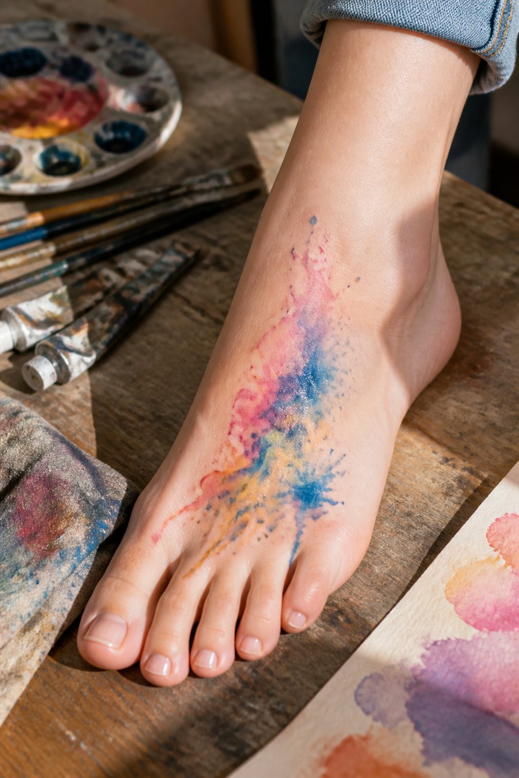 10 Foot Tattoo Ideas for Women: Styles, Placement & Aftercare for 2026 8 Watercolor tattoo with soft colors on a woman's foot.