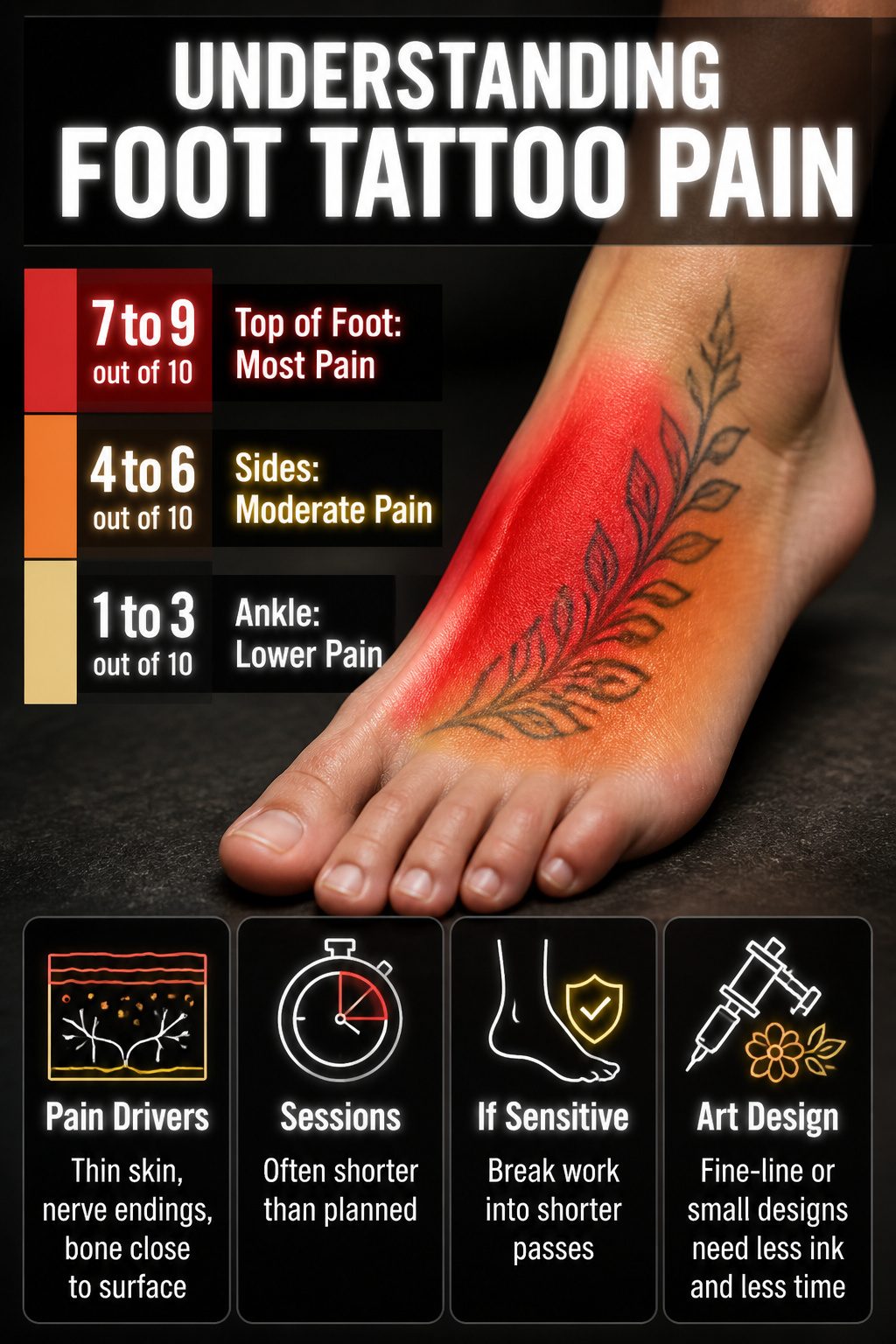 10 Foot Tattoo Ideas for Women: Styles, Placement & Aftercare for 2026 11 Foot tattoo pain scale infographic.