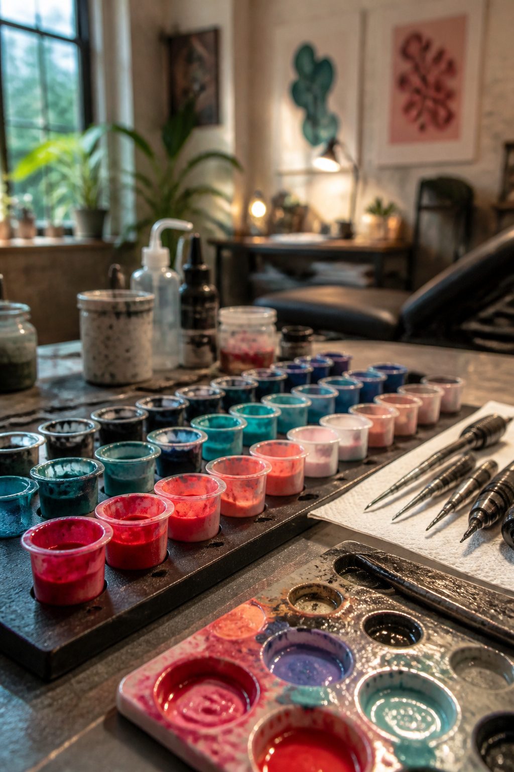 A photograph showing a palette of colored pigments for freckle tattoos.