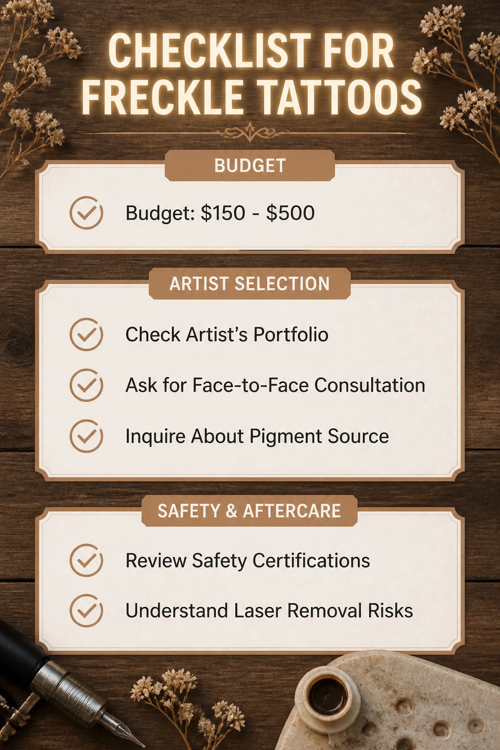 An information image titled 'Checklist for Freckle Tattoos' with cost details.