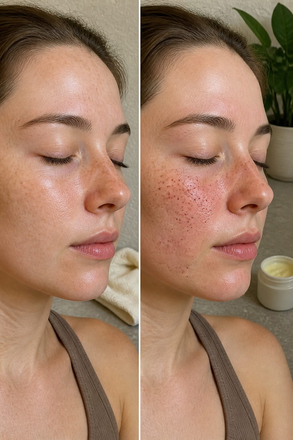A close-up of skin with newly applied freckle tattoos showing redness.
