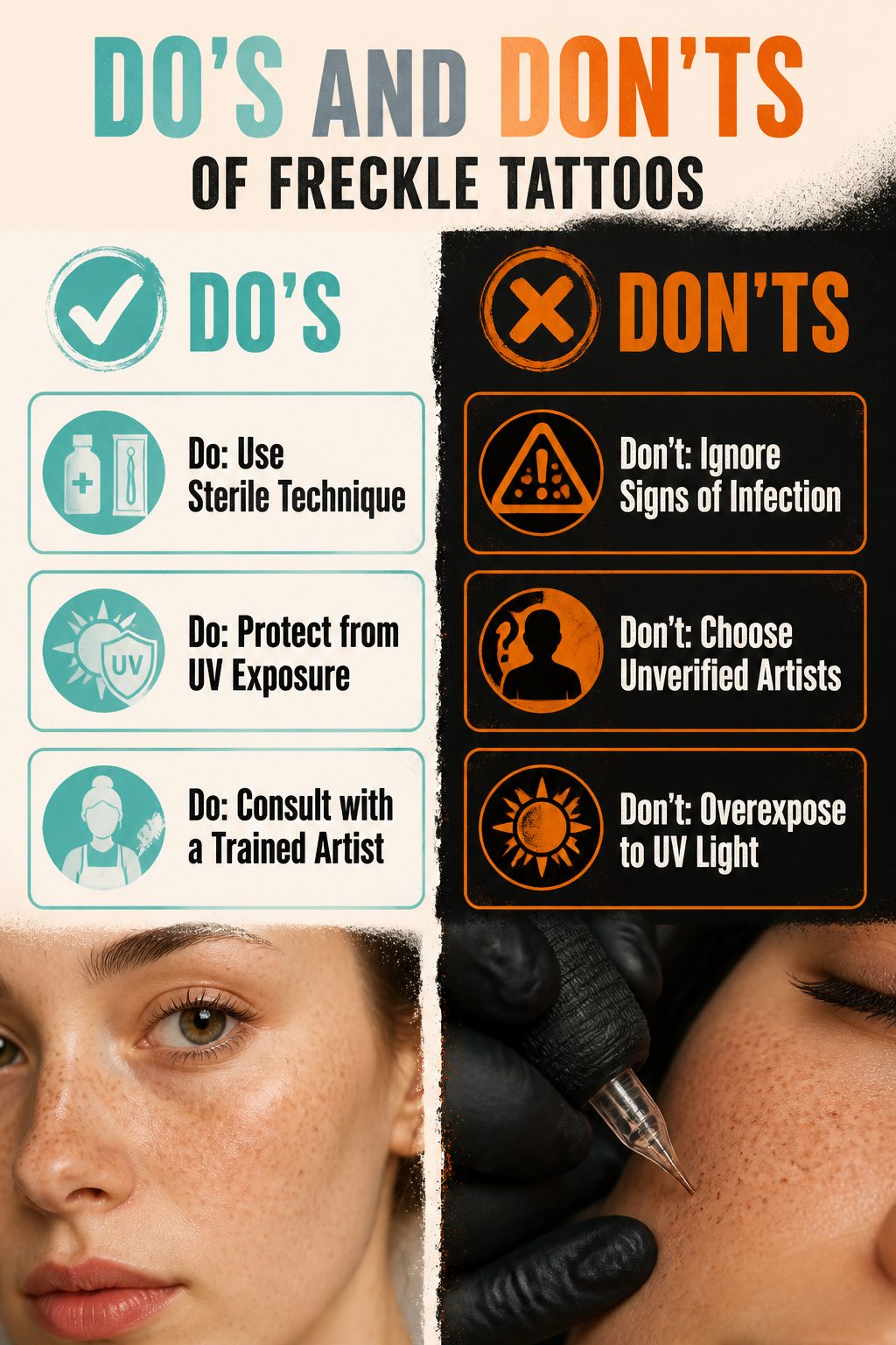 An information image titled 'Do's and Don'ts of Freckle Tattoos' listing safety tips.