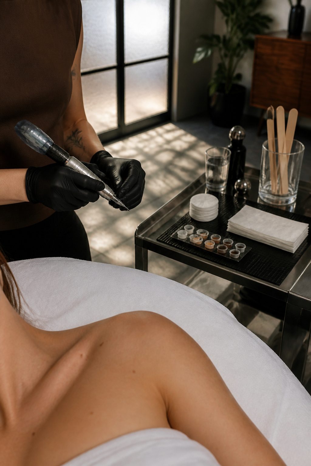 A tattoo studio setup with clean tools and a treatment chair.