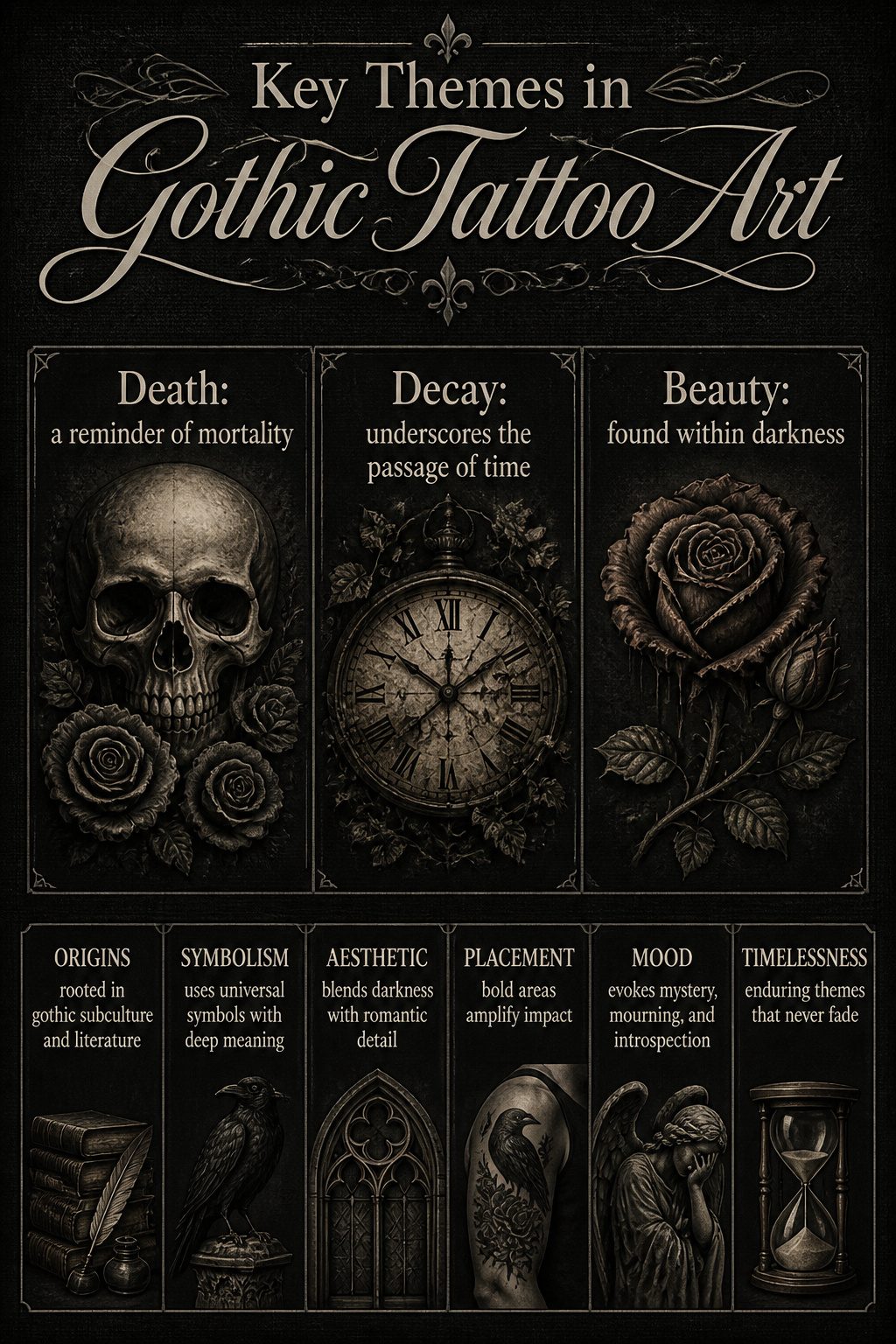 Visual themes of death and decay in gothic tattoo art.