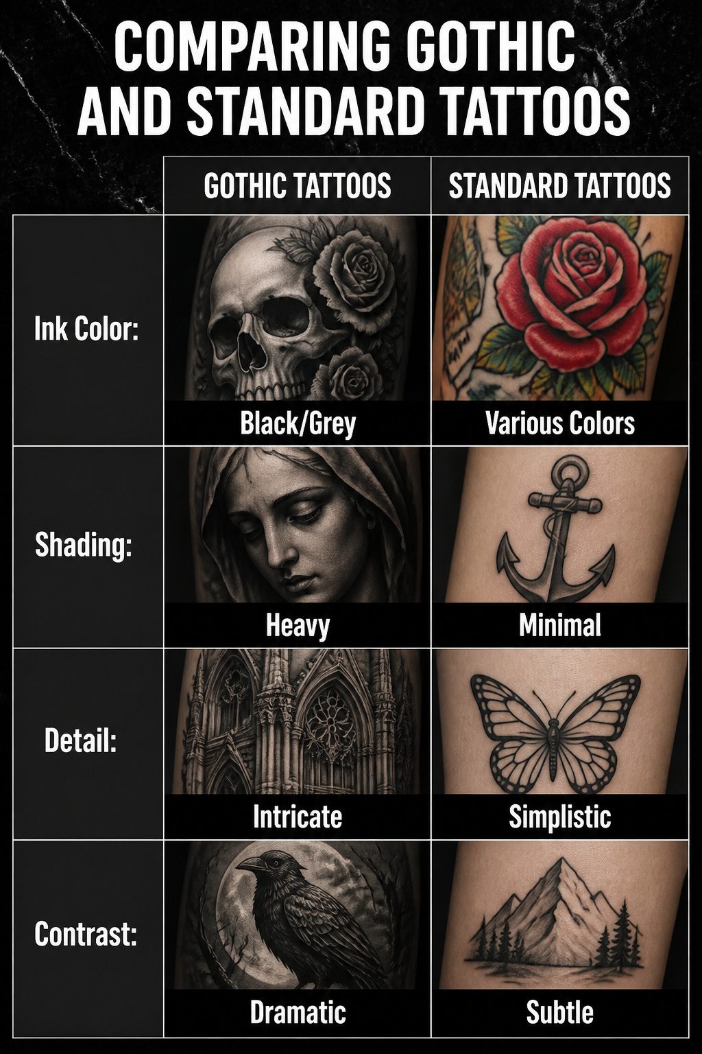 Comparison of gothic tattoo designs with emphasis on black and grey ink.