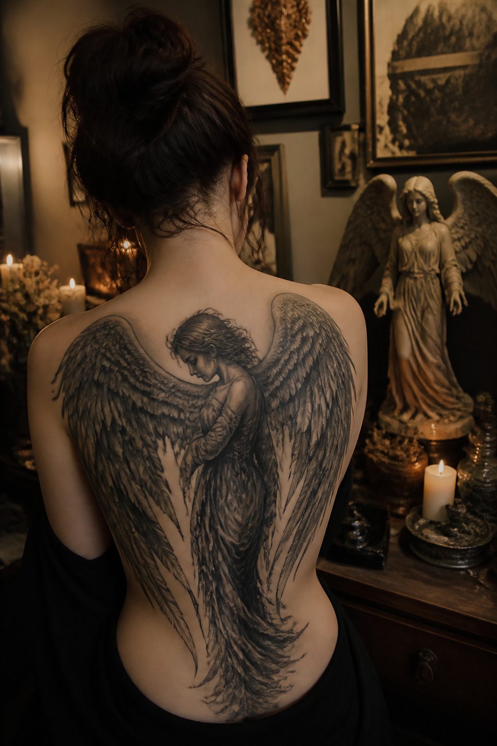 A gothic tattoo of a fallen angel with drooping wings.