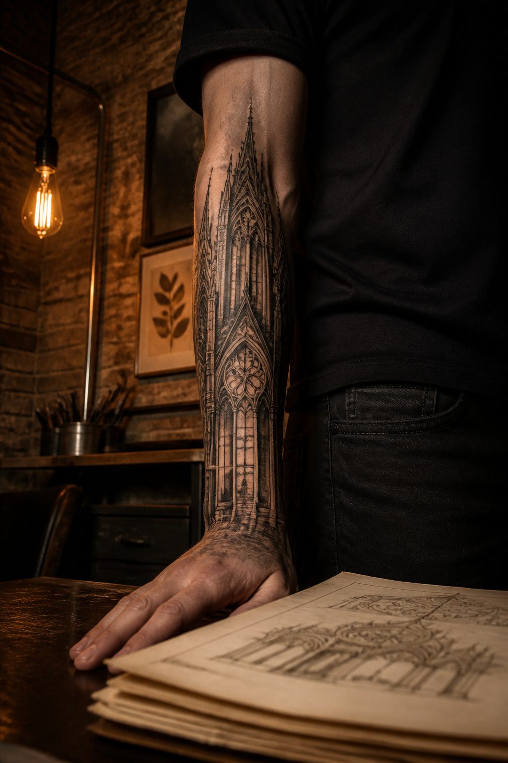 A gothic architecture tattoo depicting a detailed cathedral.