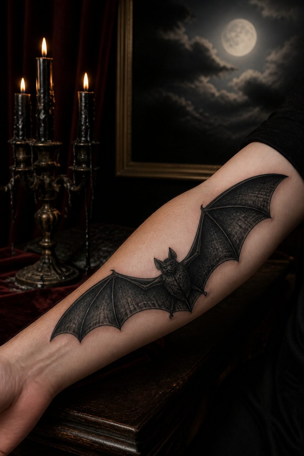 A gothic bat tattoo with wings extended across the forearm.