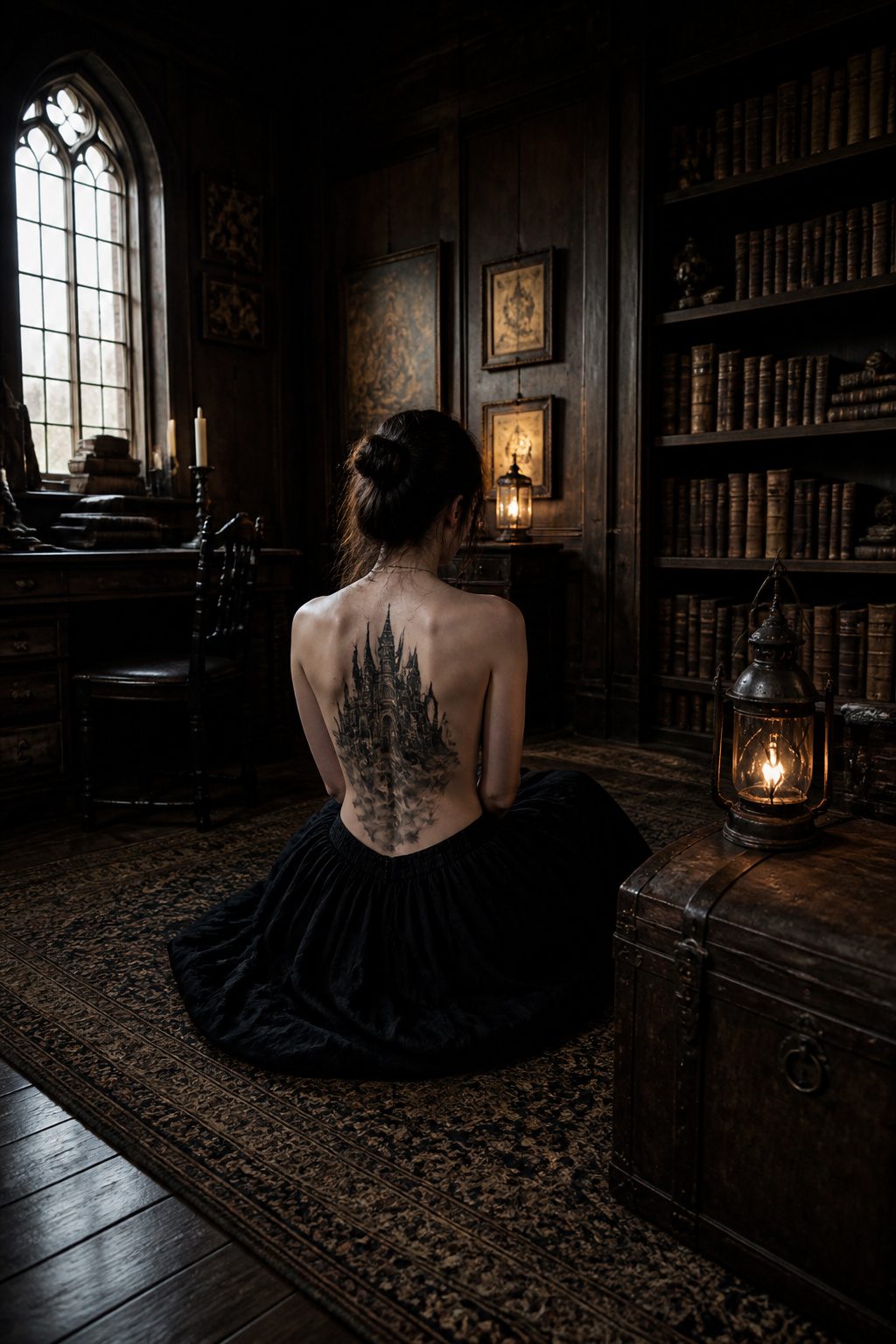 A gothic castle tattoo depicted in dark ink with a foggy background.