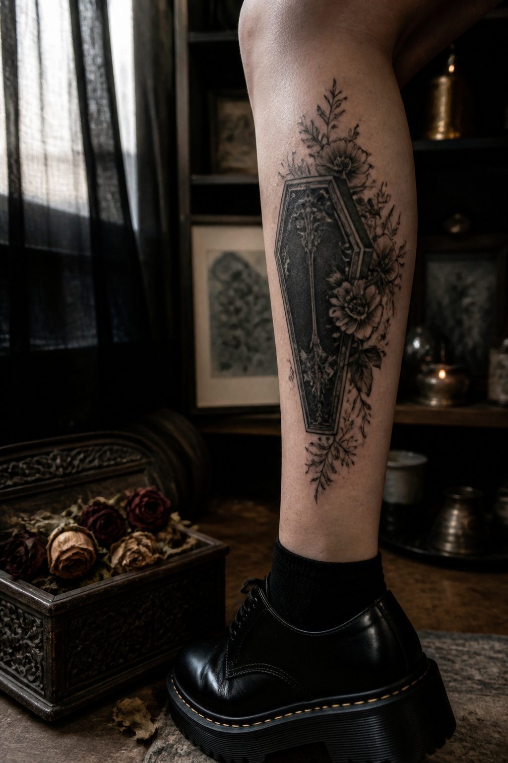 A gothic coffin tattoo with flowers emerging from inside.