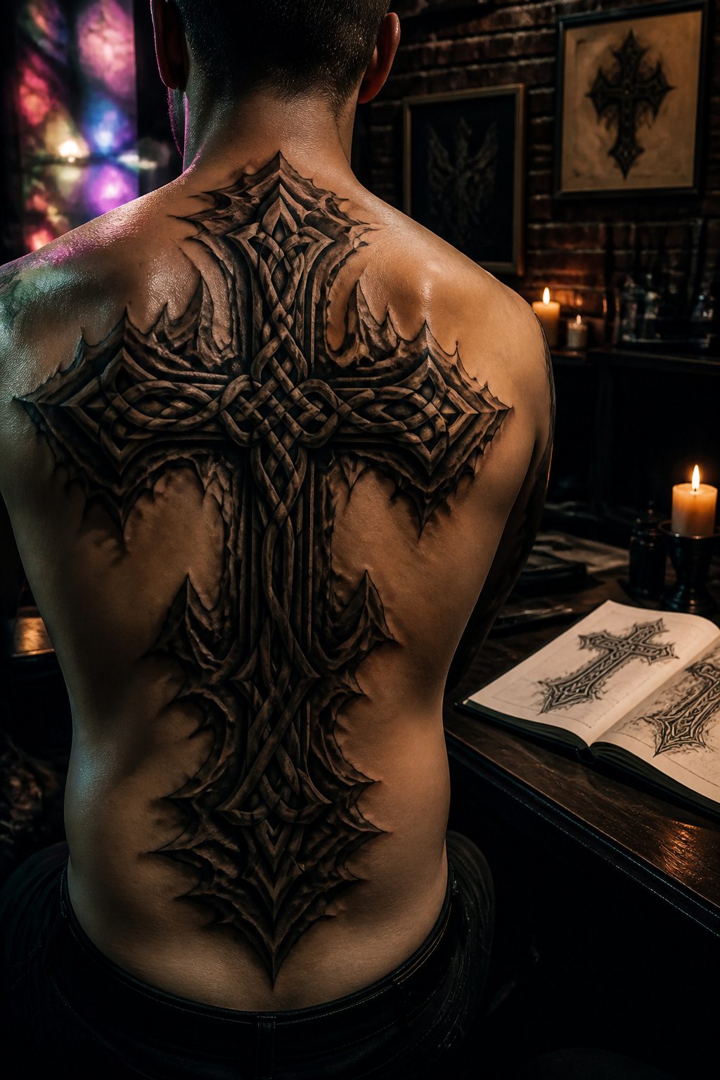 A detailed black and grey gothic cross tattoo.