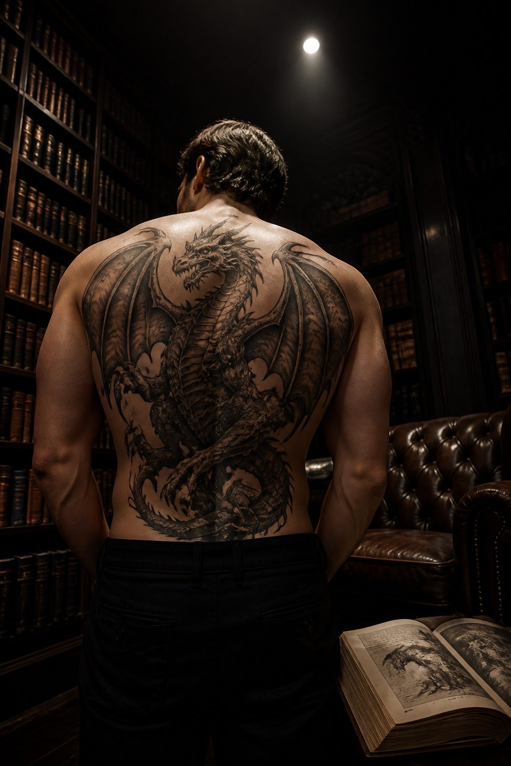 A gothic tattoo of a dragon with dark shading and details.