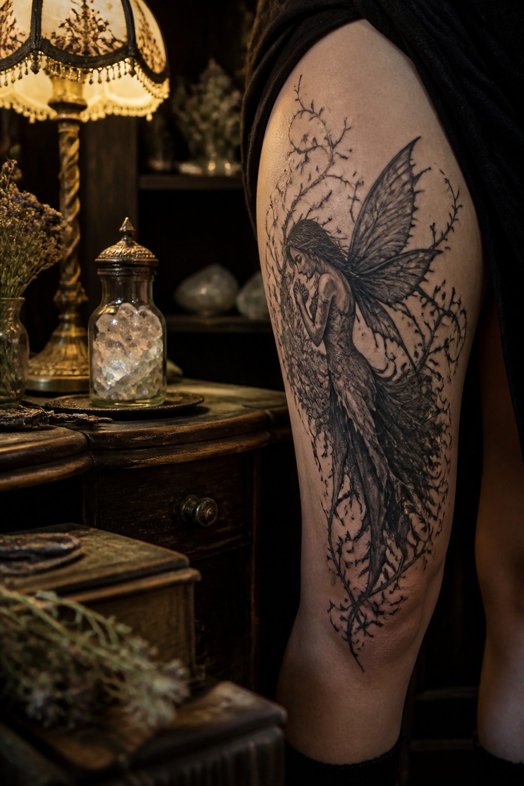 A gothic tattoo of a fairy with dark wings and muted colors.