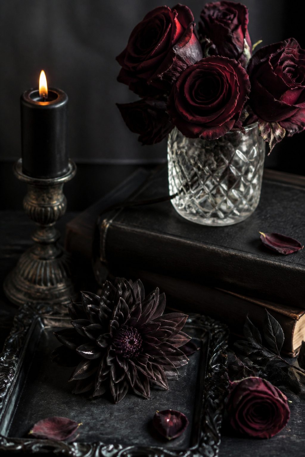 Gothic flower tattoos showing wilted roses and dark petals.