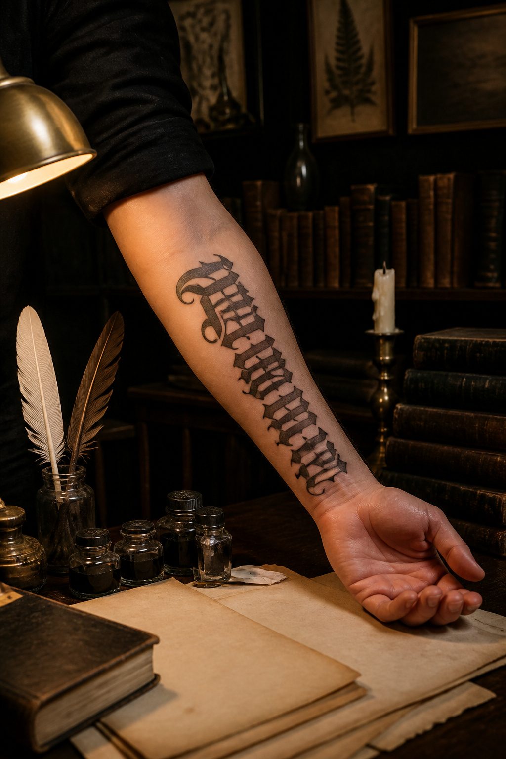 A collection of gothic font tattoos in thick dark ink.