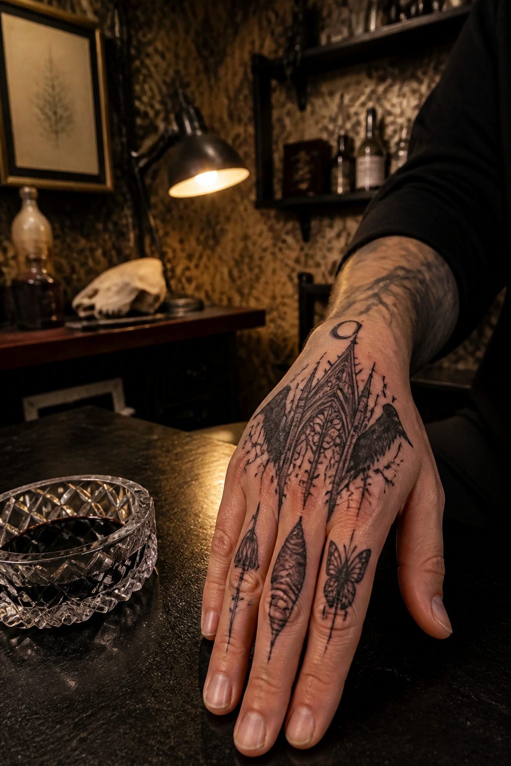 A gothic tattoo on the hand with detailed motifs.