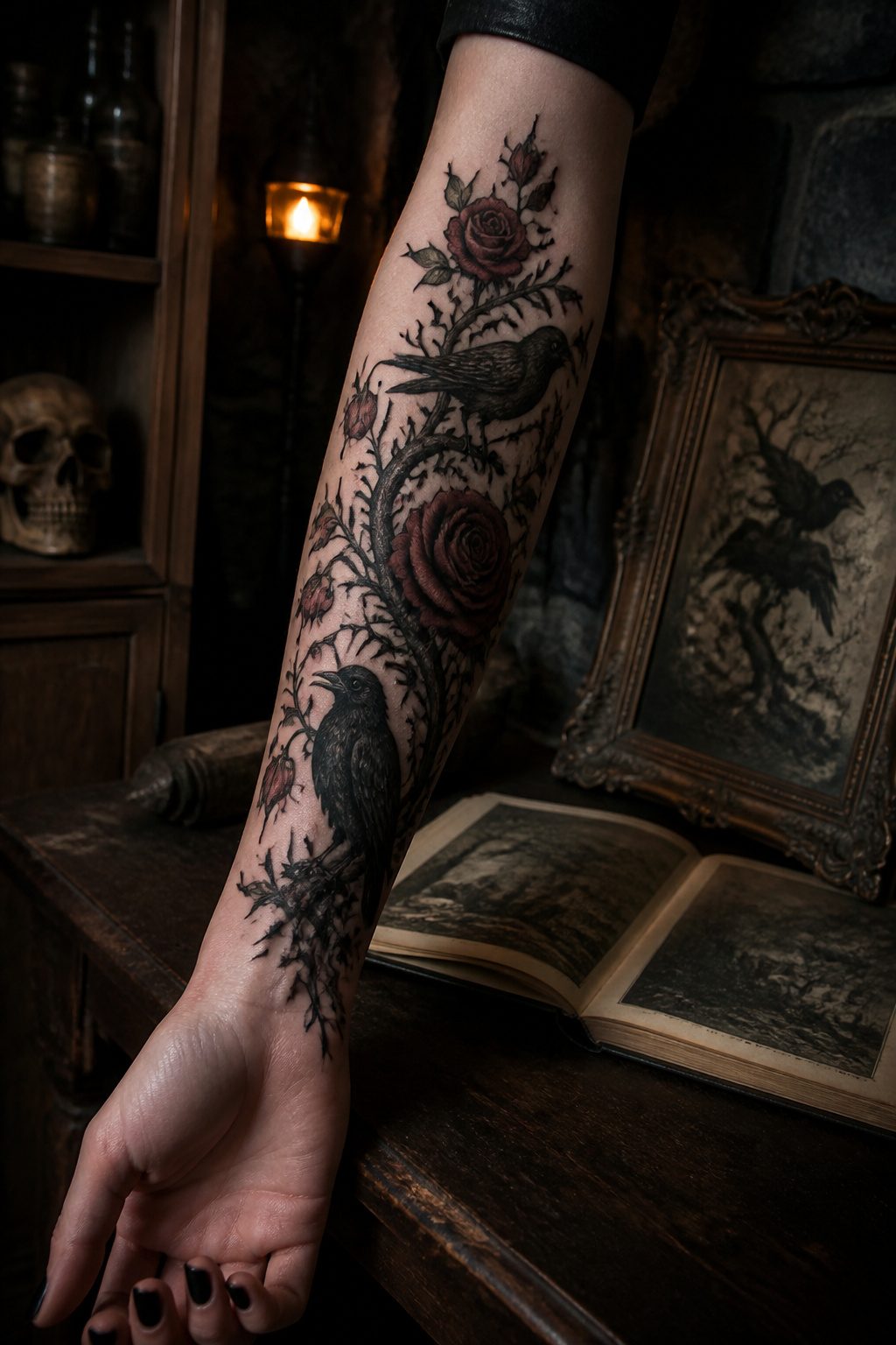 A tattoo depicting gothic horror themes with dark imagery.